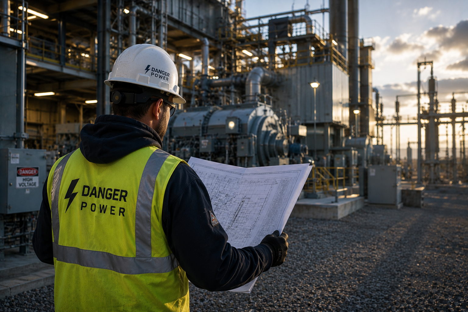 Danger Power engineer reviewing PE-stamped drawings on site
